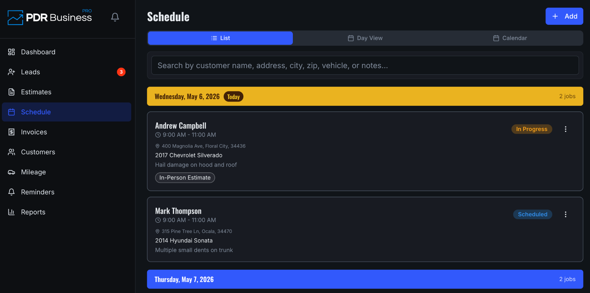 PDR Business Pro schedule view — leads, estimates, invoicing, and jobs in one dashboard